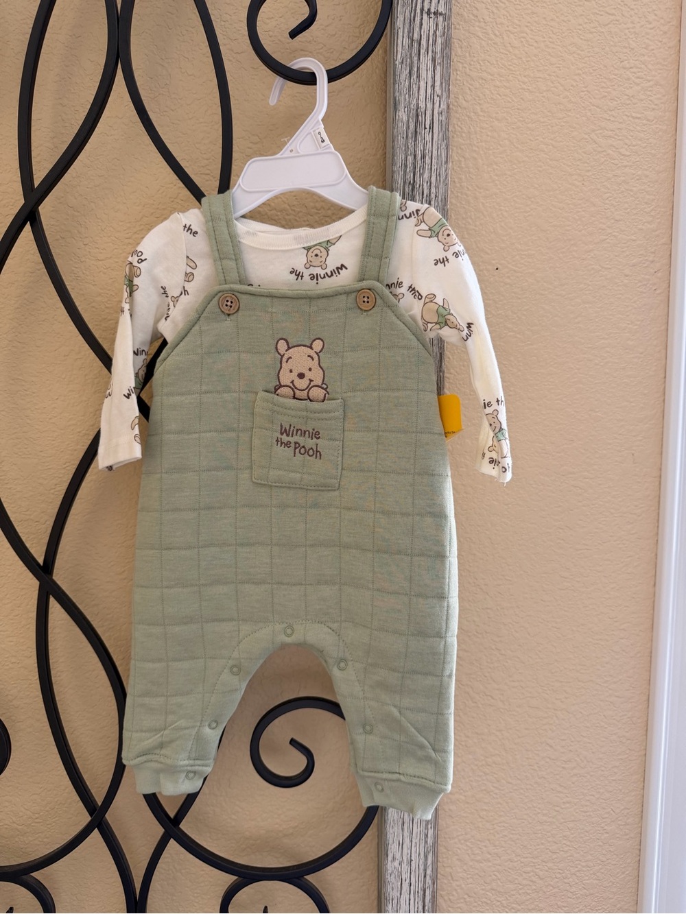 Winnie the Pooh Sage Green Quilted Baby Overalls